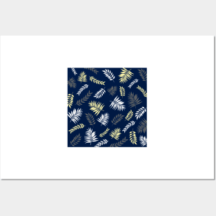 Abstract Leaves Pattern In White, Grey and Gold With Royal Blue Background Posters and Art